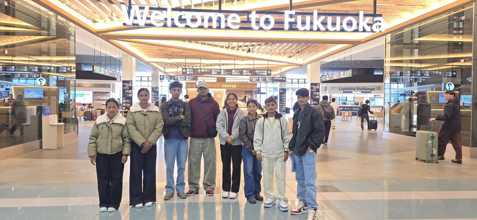 Group of Global Advisory Education students arriving at Fukuoka Airport, Japan